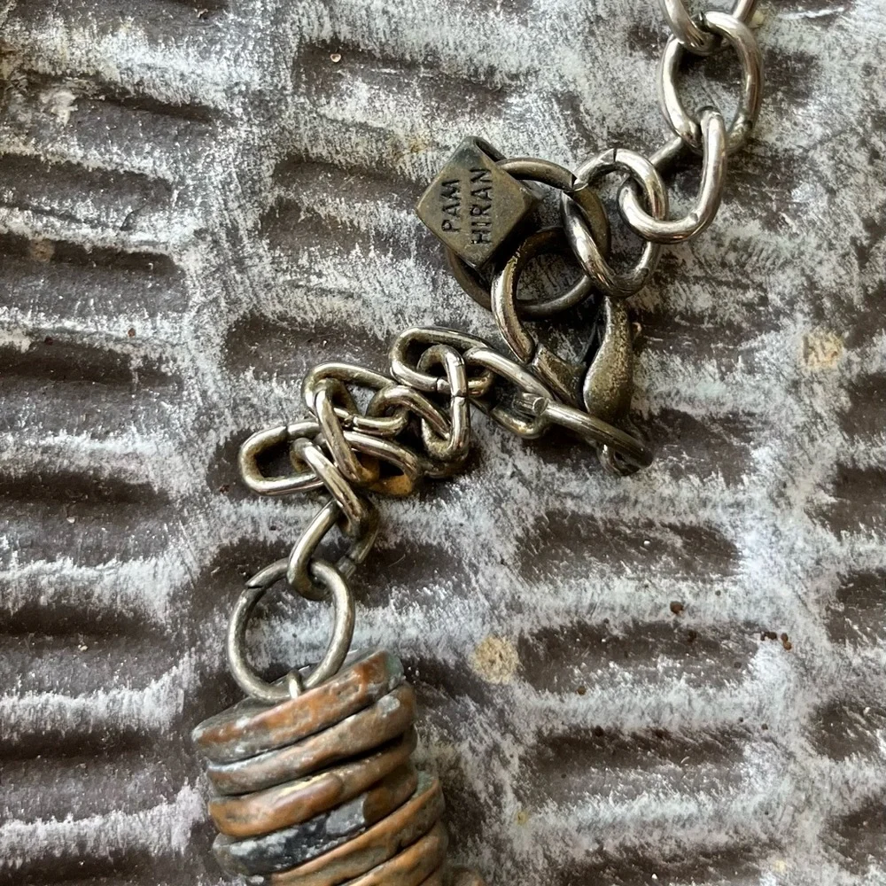 SOLD Pam Hiran BronzeCopper Disc Necklace on Steel Chain 16-20” Vintage - Picture 3 of 7